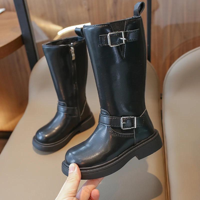 Korean Style Children Leather Boots Warm 2024 Autumn Girls Riding Boots Drop Shipping Black Kids Black Princess Catwalk Boots