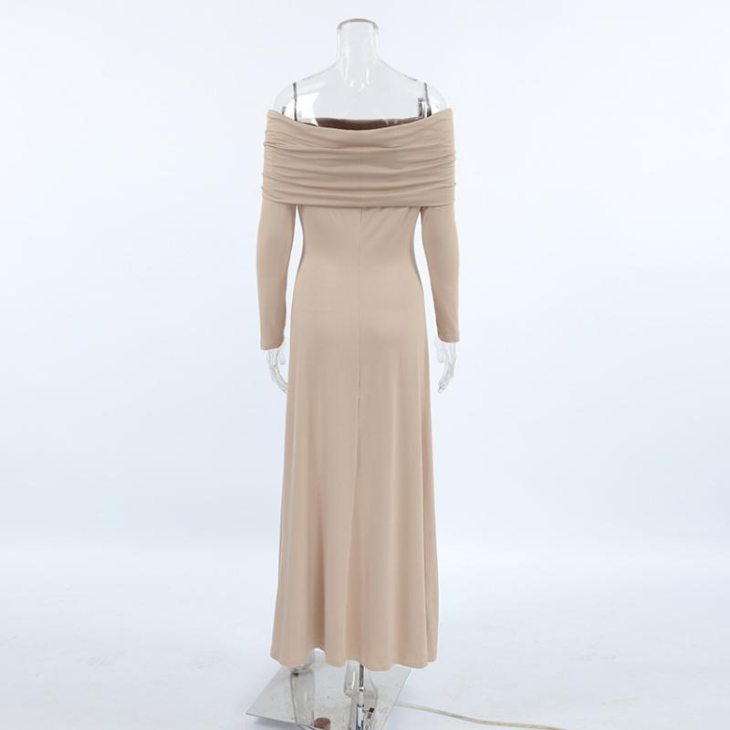 Осень-зима женское сексуальное платье макси с открытыми плечами, однотонное черное платье без бретелек с длинным рукавом для женщин, вечерние платья