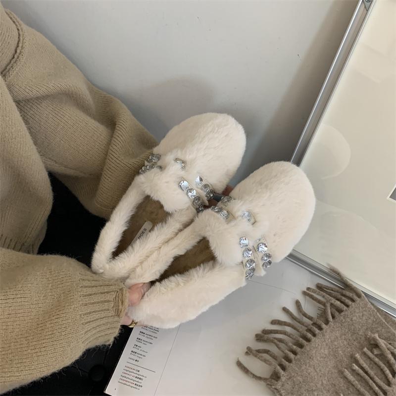 Модные роскошные меховые мокасины с крупными бусинами и кристаллами, женские зимние элегантные теплые туфли на плоской подошве для женщин, удобные плюшевые туфли без застежек на каждый день