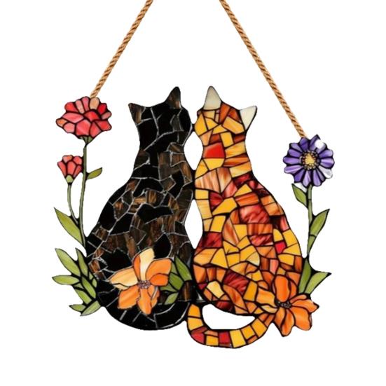 Dual Cat Flower Hanging Decoration Front Door Wall Window Acrylic Kitten Animal Floral Ornament