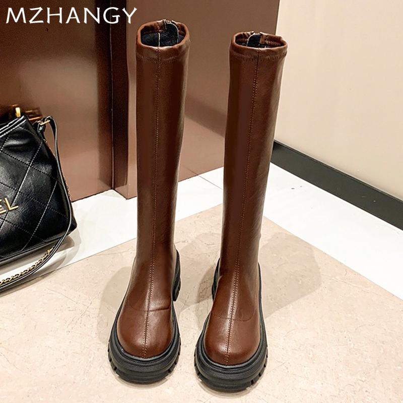 Модные женские высокие сапоги на платформе, высокие каблуки, массивные модные кожаные туфли для женщин 2025 года, новые зимние элегантные сексуальные готические женские снежные ботинки