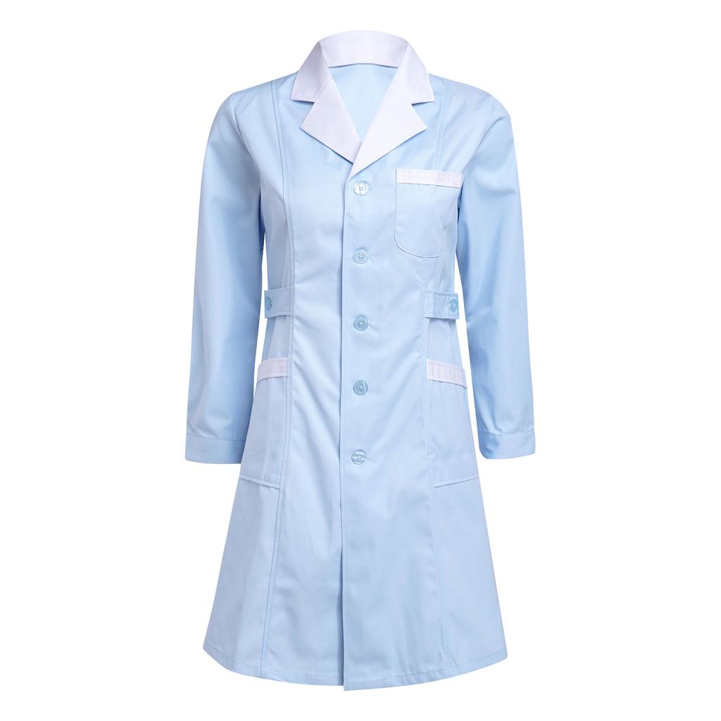 Women‘s Medical Lab Coat S-XXL Long Sleeve Notch Lapel Nurse Uniform with Large Pockets for Pharmacist Beautician