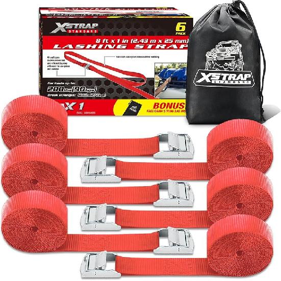 XSTRAP STANDARD Мягкая пряжка-фиксатор с кулачковым замком 6 шт. 8 футов Ременные стяжки для мотоспорта, Черные стяжные ремни, Поставляются с мешком на шнурке, Для крепления груза, багажа,