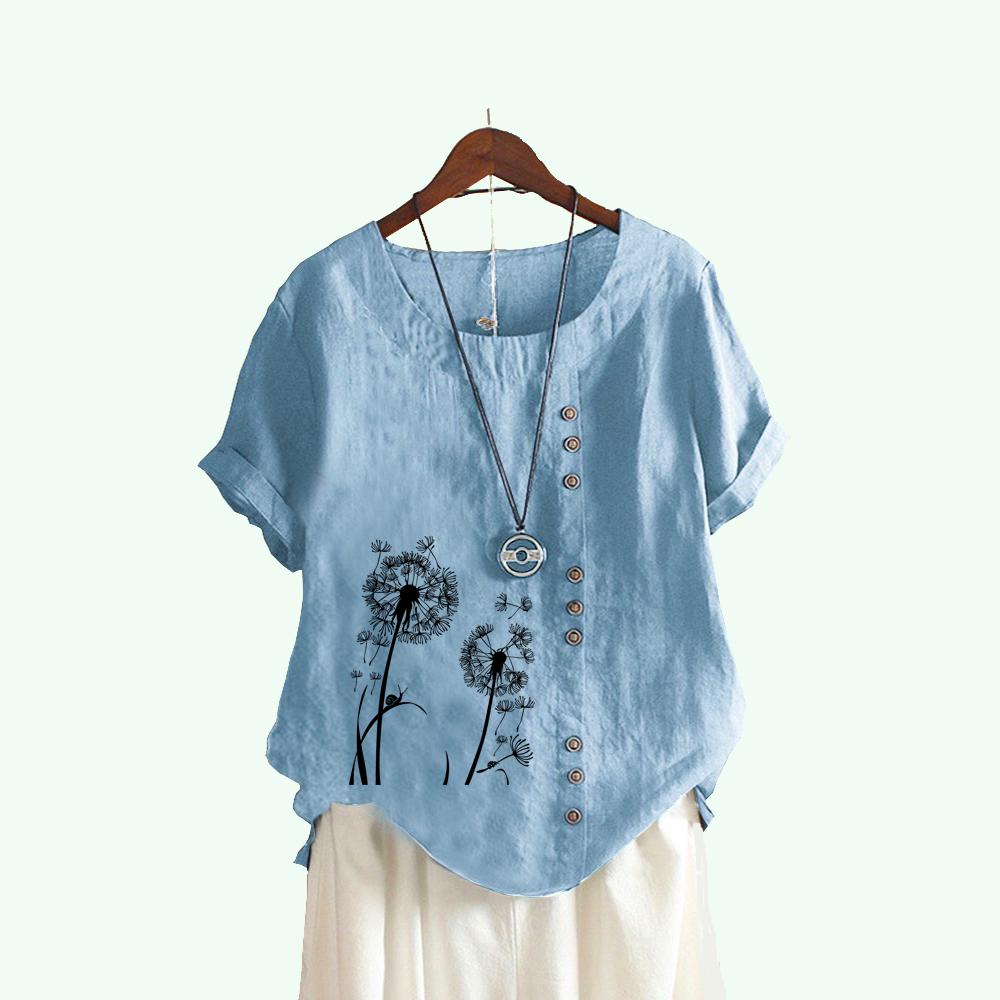 Женская модная футболка с коротким рукавом с цветочным принтом, летняя повседневная хлопково-льняная футболка с круглым воротником, пуловер, свободные блузки