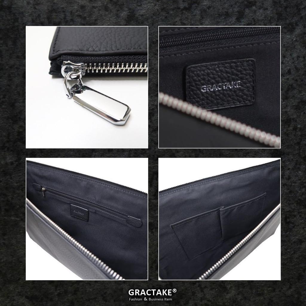 Clutch Bag for Genuine Large Second A4 Document Wedding [GRACTAKE] [Envelope Fits] Men, Leather, Bag, L-shaped Zipper, File, Holder, CL-L