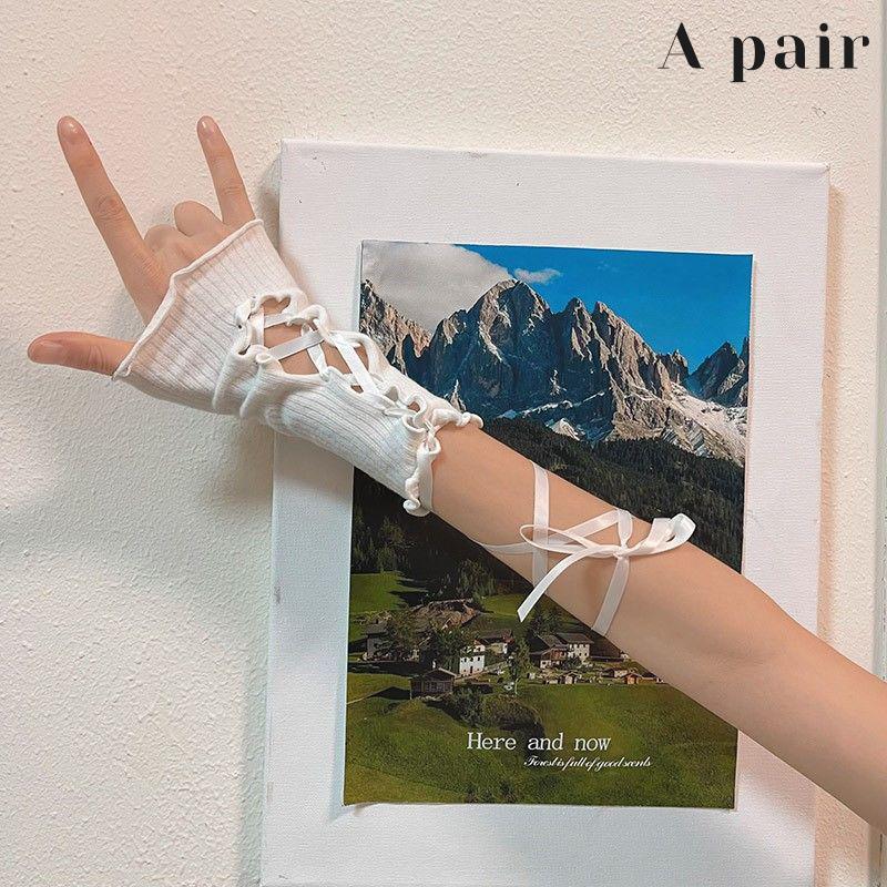 1Pair Lolita Style Diy Gloves Sweet Girl Lace Up Ruffles Arm Sleeve Jk Gothic Fingerless Glove For Women Halloween Accessories