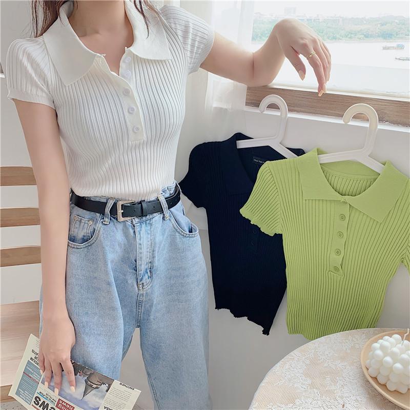 Spring and Summer Net Red Slim Short Students Solid Color Short-sleeved T-shirt Knitted Bottoming Tops Casual Essential Slim Fit Pullovers Tees