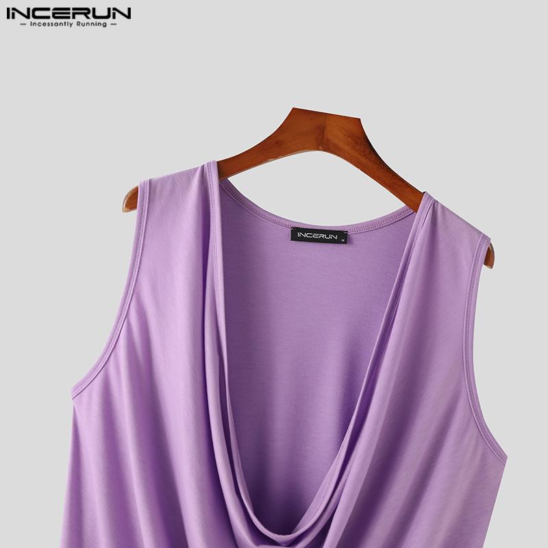 INCERUN Men Cowl Neck Low Cut Sleeveless Sexual Vest Casual Tank Tops