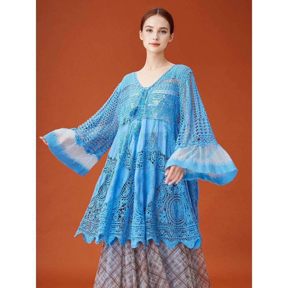 DIMANAF 2026 Новое летнее женское длинное базовое вязаное платье с рукавами Модное кружевное платье Повседневное свободное