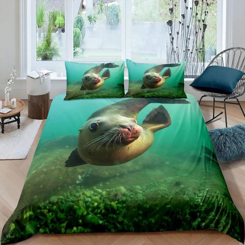 Пододеяльник с изображением тюленя размера King, милый комплект постельного белья с изображением тюленя, милый экзотический стиль океана, 2/3 шт., полиэстеровое одеяло с изображением морской жизни