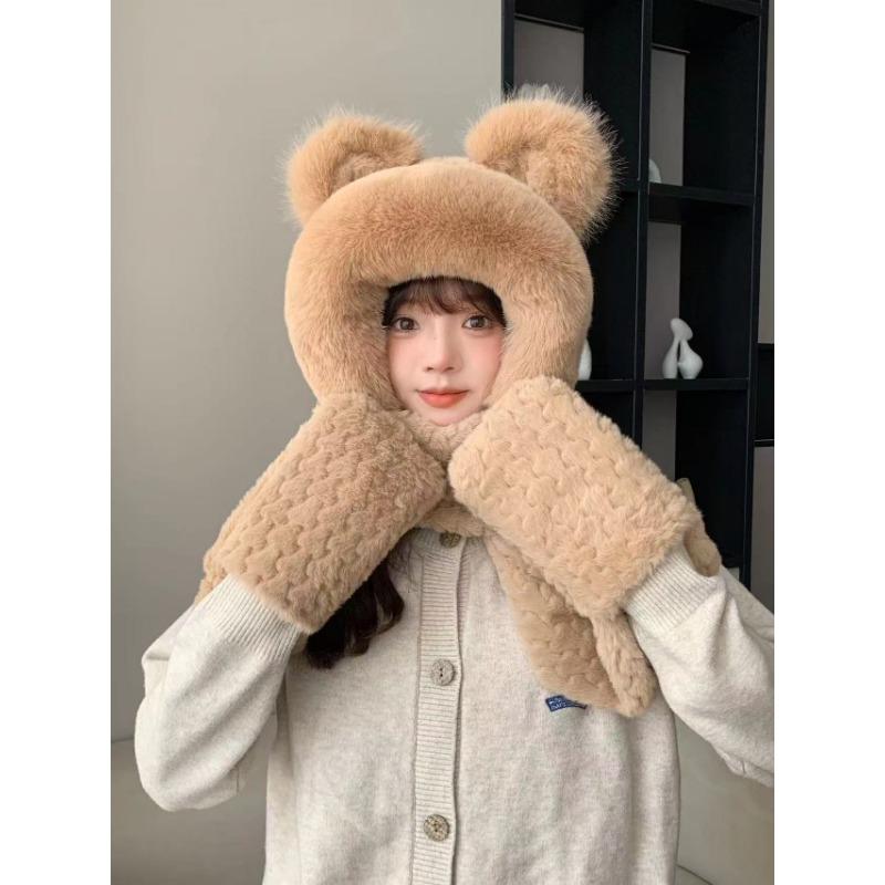 Шапка-медведь для женщин на осень и зиму Осенне-зимний плюшевый комплект из трех предметов: шапка, шарф, перчатки с завязками на шее и защитой ушей