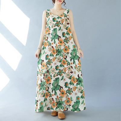 Летнее свободное платье без рукавов с круглым вырезом и принтом средней длины для женщин, повседневные платья