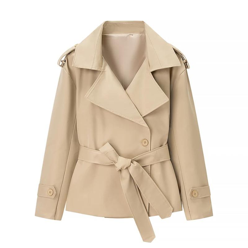 Women V-neck Lapel Belt Trench Coat Fashion Lace Up Full Sleeve Button Short Thin Windbreak 2026 New Lady Daily Street Outerwear