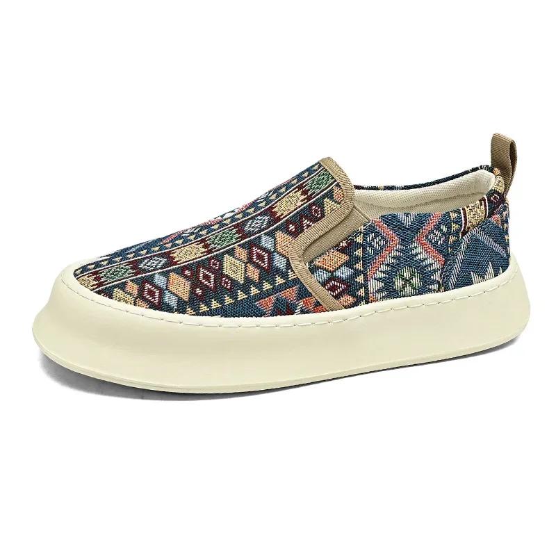 Мужская парусиновая обувь с принтом в этническом стиле. Дизайнерские лоферы на платформе. Дышащие повседневные кроссовки. Мужские эспадрильи без шнуровки.