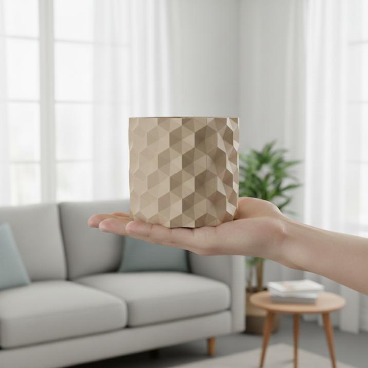 Beige decorative flowerpot with an inverted hexagon pattern
