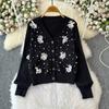 Осень-зима Женский дизайнерский роскошный бисерный цветок однобортный вязаный свитер пальто куртка