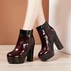 13см Маленький Большой Размер 32-43 Винтажные Яркие Кожаные Туфли Женские Ботильоны Осень Зима Блочный Высокий Каблук Ботинки Офисная Модель