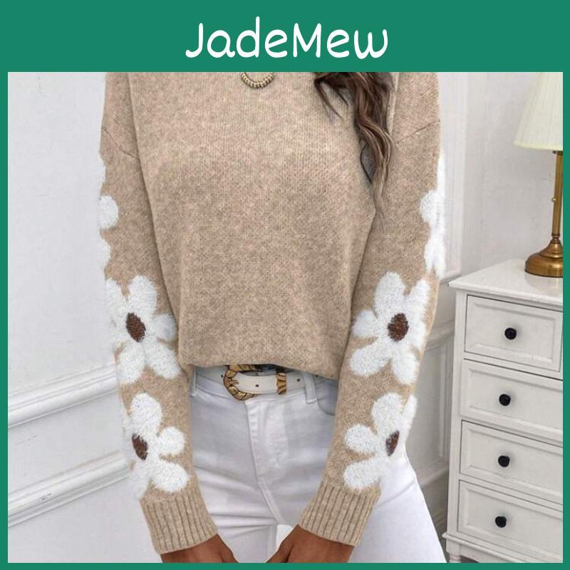 Fashion Winter Fall Casual Womens Flower Pattern Print Long Sleeve Oneck Sweaters