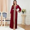 Muslim Women's Patchwork V-neck Long Sleeved Regular Sleeved Knitted Dress Autumn Women's Abaya Long Dress