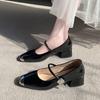 Fashion Genuine Leather French Square Toe Thick Mid Heels Shallow Mouth Mary Jane Shoes Women Pumps Office Career Small Leather Shoe