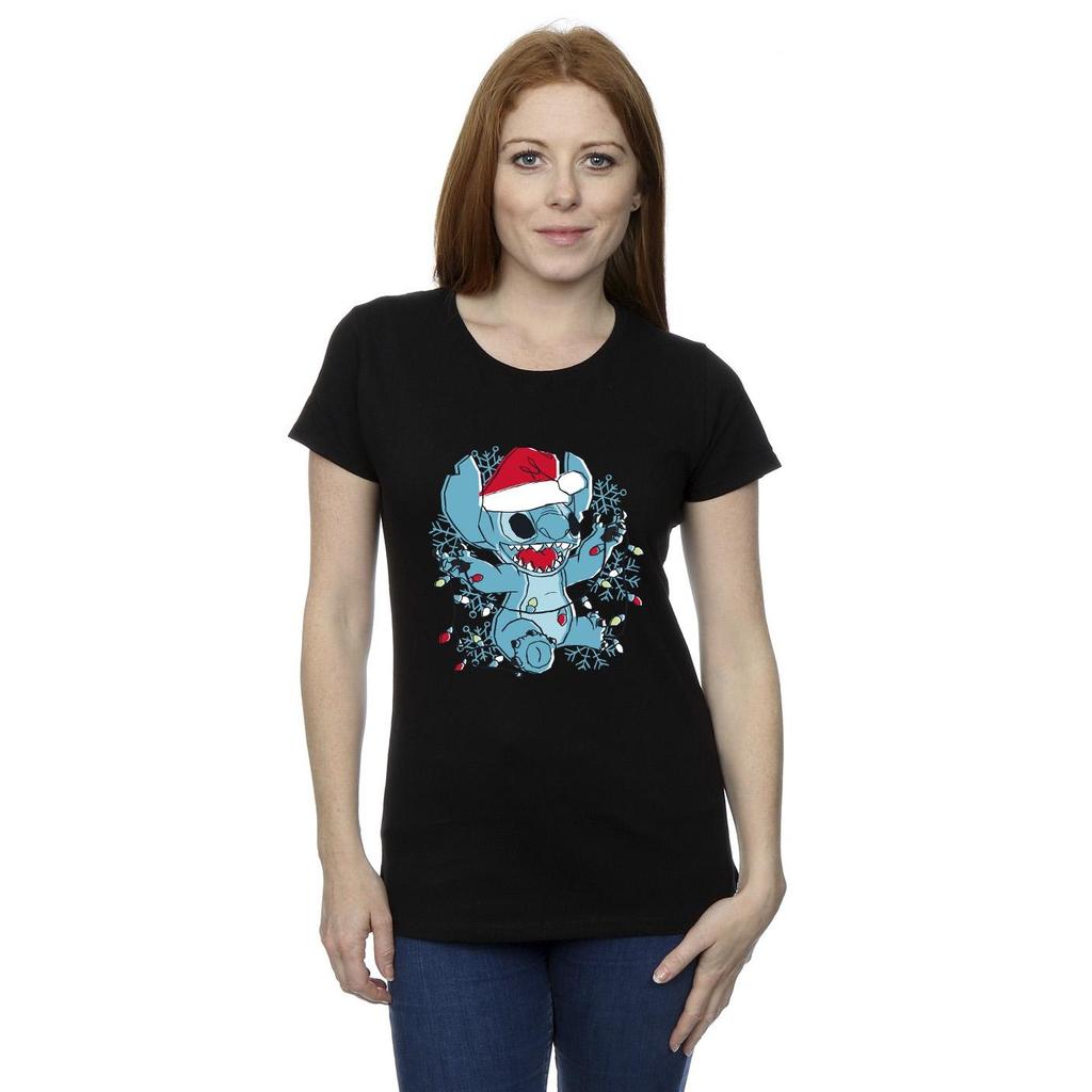 Disney Womens/Ladies Lilo And Stitch Christmas Lights Sketch Cotton T-Shirt
