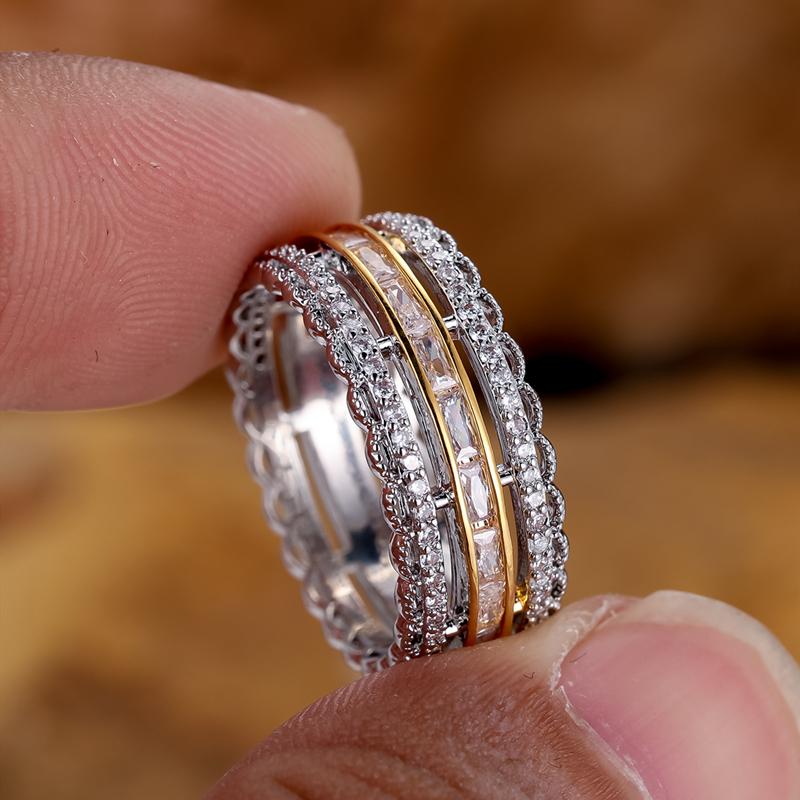 Exquisite Hollow Design Zircon Engagement Rings for Women Elegant Two Tone Style Finger Ring Party Jewelry Accessories