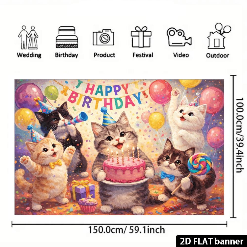Фон для дня рождения кошки в стиле 2D масляной живописи в сочетании с пятью милыми кошками и элементами розового торта