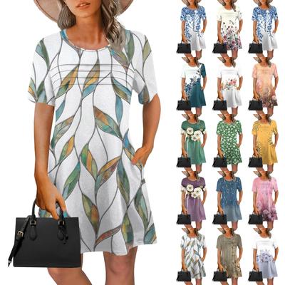 Женское летнее винтажное платье с цветочным принтом, повседневное платье с коротким рукавом и круглым карманом