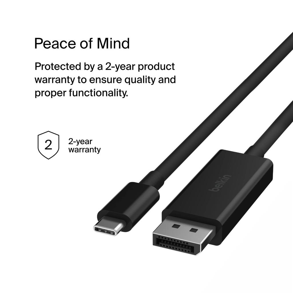 Кабель Belkin USB Type C - DisplayPort или HDCP DP Alt, обратная совместимость с Android и другими устройствами 1.4 6,6 футов/2 м, 32,4 Гбит/с 8K при 60 Гц 4K при 144 Гц, HBR3, DSC,