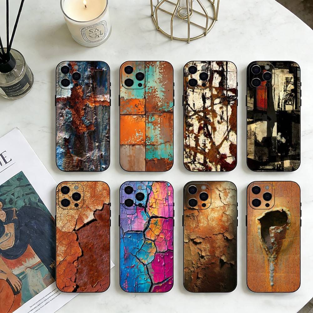 R-Retro Industrial Style Rusty Phone Case For iPhone 17 16 15 14 13 12 Max Plus Silicone Black Cover
