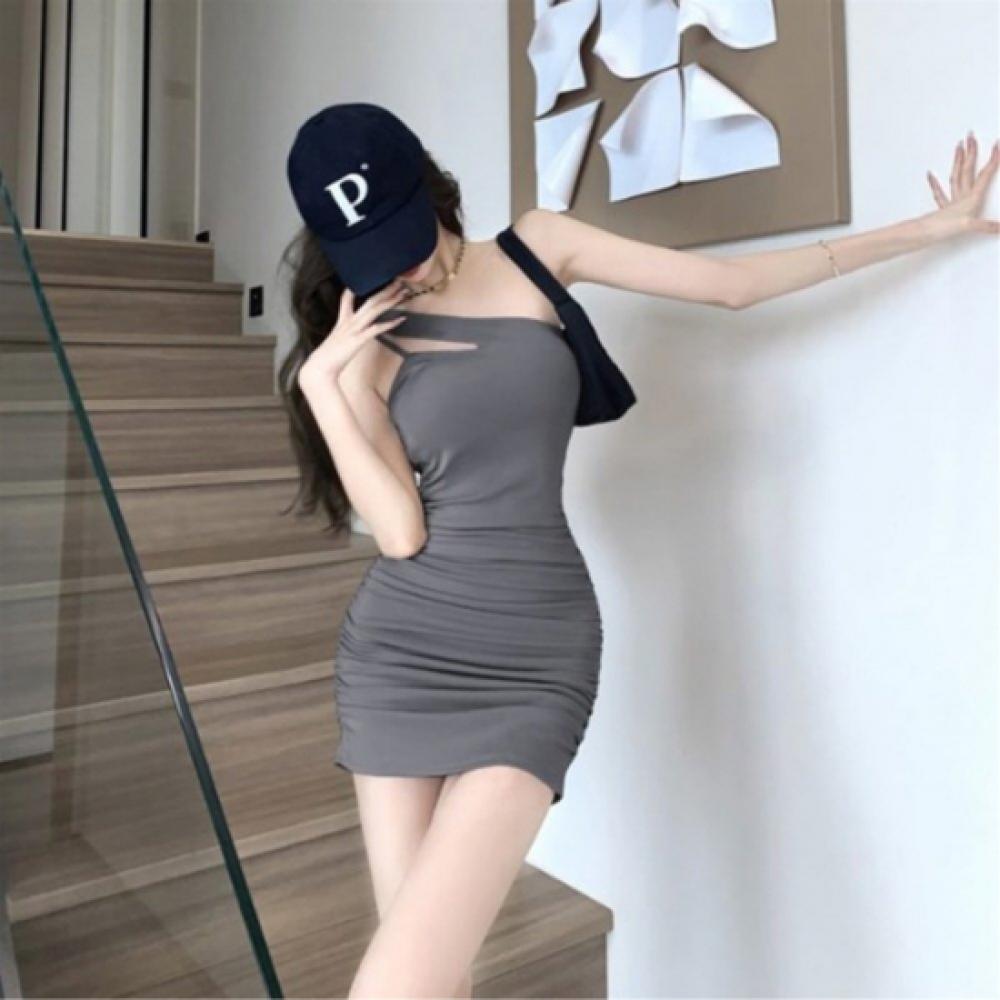 New Arrivals Open Run Women Slim Fit Asymmetric Slit ShirreD Sleeveless Mini D