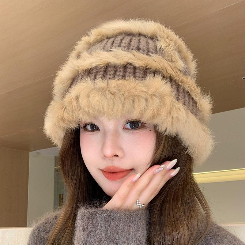Вязаная шапка-ведро из меха кролика, женская, зима 2023, новая плюшевая утолщенная термошапка с изображением маленького лица