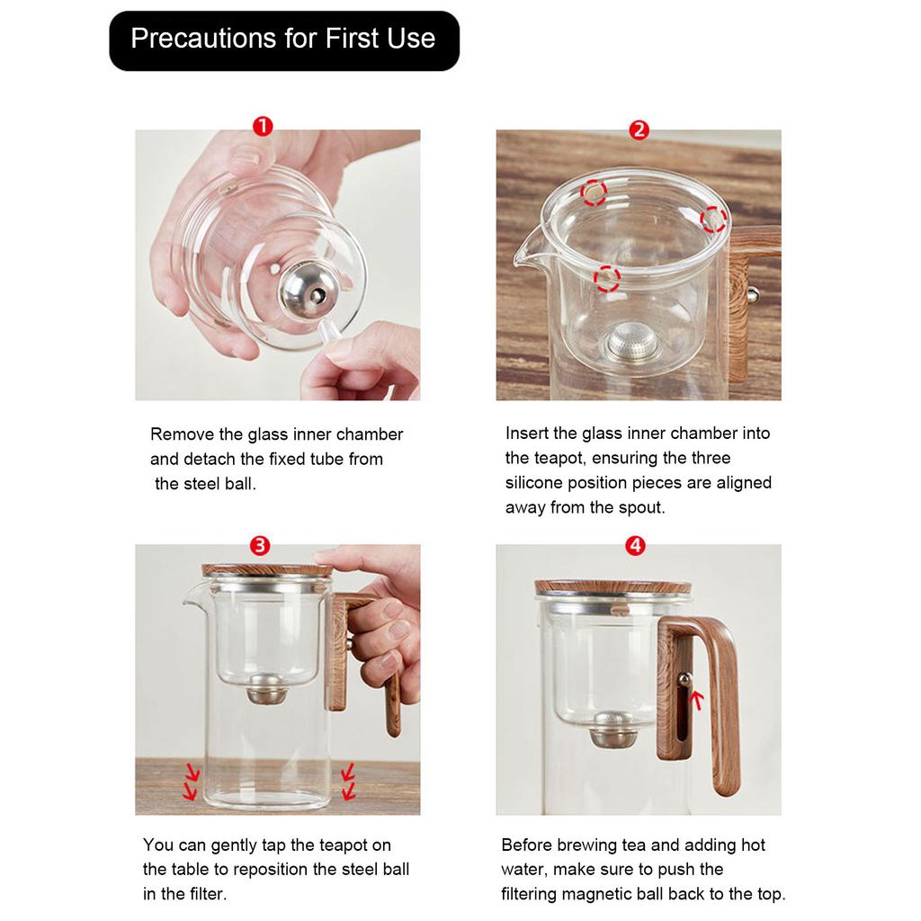 Стеклянный чайник для разделения воды с ситечком 800 мл Прозрачный чайник с деревянной ручкой Надежная крышка Магнитный переключатель