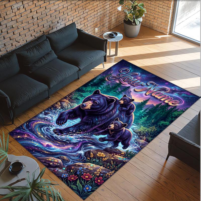 Teddy Bear Theme Crystal Velvet Rug Personalized Custom Name Text Soft Floor Mat Home Decor