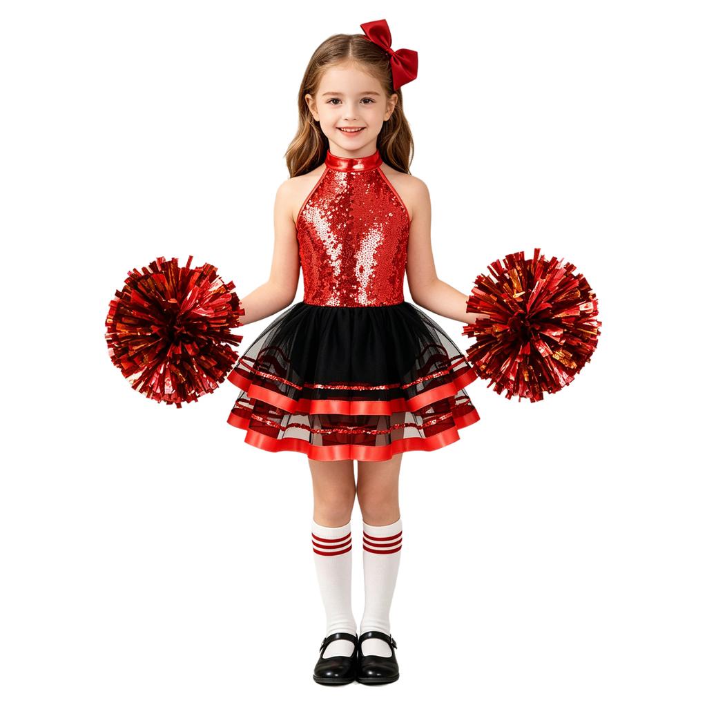 Girls Cheerleading Outfit Sleeveless Halter Sparkling Sequins Backless Tulle Tutu Dress Flower Balls Headwear Socks Set