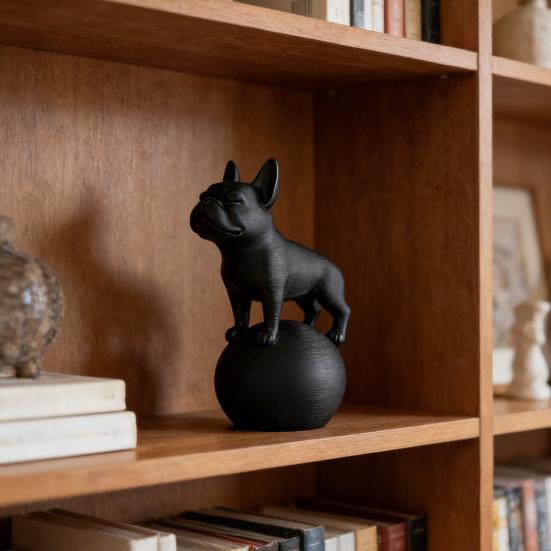 Фигурка бульдога на шаре 3D-печать Черно-белая статуэтка собаки Скульптура Украшение для дома, офиса, рабочего стола