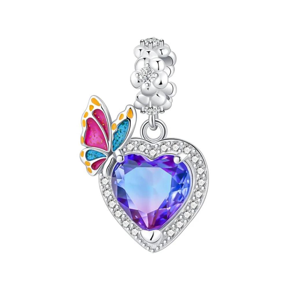 S925 стерлингового серебра милые фиолетовые подвески кошка собака бабочка цветок цепочка безопасности подвески подходят оригинальный браслет своими руками