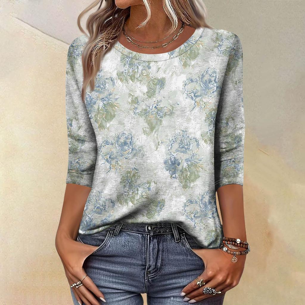 Trendy Vintage 3/4 Sleeve Top For Women ,Ladies Casual Three Quarter Sleeve Round Collar Printed T-Shirt Blouse