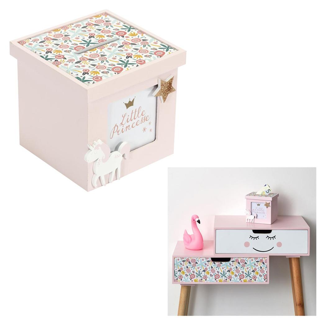 Les Trésors De Lily [A3648] - Деревянная копилка-куб «Единорог Мой Единорог» розовая. (маленькая принцесса) - 12x11x11см