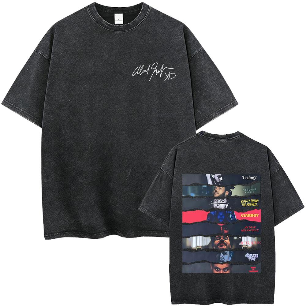 Rapper The Weeknd Album Cover Washed Vintage Tshirt Men Women Hip Hop Rap Pop Music Short Sleeve T Shirts Harajuku Streetwear
