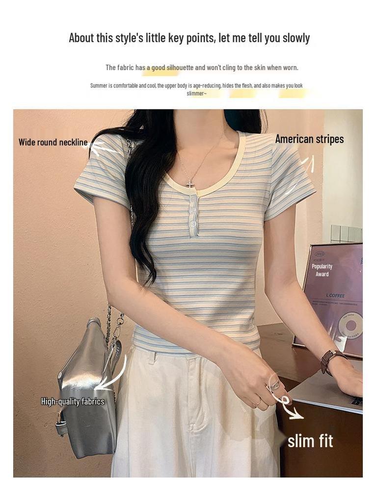 Summer 2025 Striped Slim Fit Short-Sleeved T-Shirt - Trendy American Style, Pure & Sexy Round Neck Women's Top