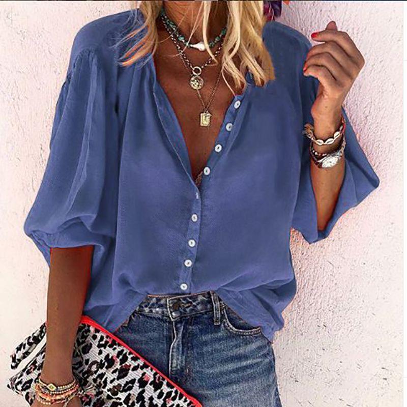 Stylish Women's 3/4 Sleeve Shirt Top Comfortable Loose Fit Button Down Blouse T-shirt