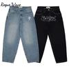 RogueWave Streetwear Y2K Hip Hop Retro Blue Loose Jeans Harajuku Jeans High Waist Loose Letter Embroidered Trousers