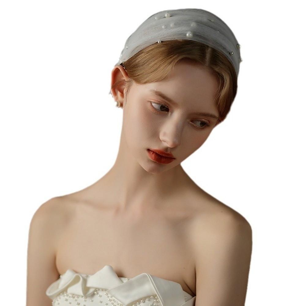 Hair Ornament Brides Beaded Hairband Pearl Ribbon Pearl Headband Elegant Detachable Bridal Veil