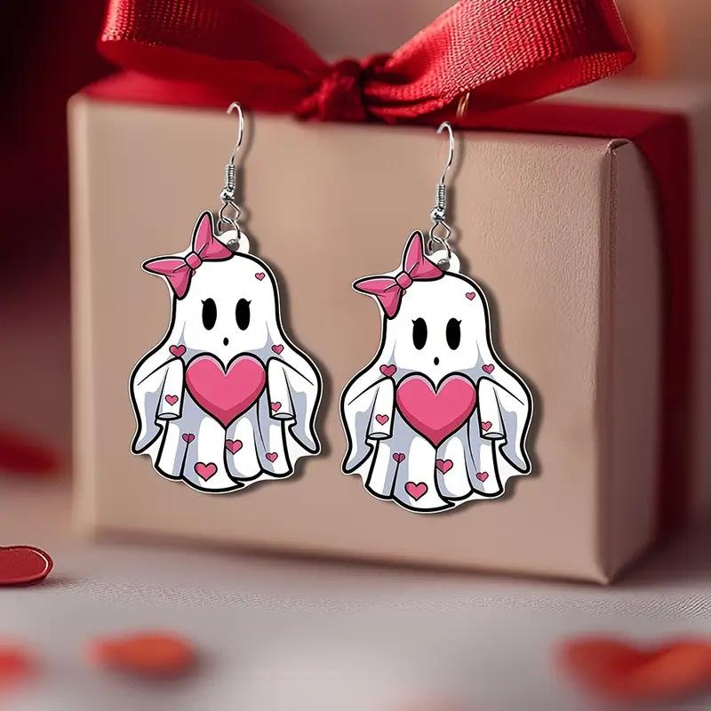 Cross Border Cute Charming Heart Bow Ghost Earrings Valentine's Day Acrylic Halloween Ghost Earrings