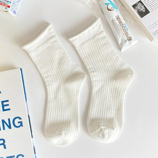JK Spring/Summer Curled Women's Mid-Tube Cotton Socks – Trendy, Thin, Soft, Cute Japanese Style, Pure White