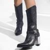 Мода Женская Мода Трендовые Ретро Кожаные Сапоги Толстый Каблук Вестерн Джинсовые Сапоги Панк Черные Боковая Молния Пара Сапог Средней Длины Голенища Botas Mujer