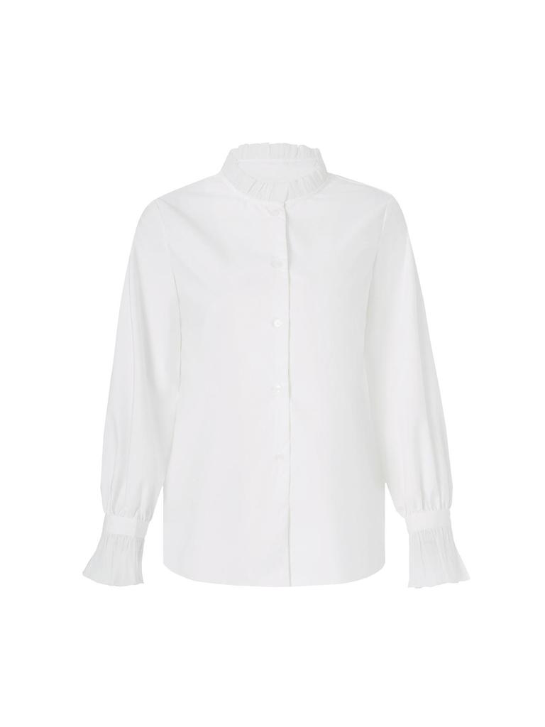 French White Women's Flare Sleeve Lace Top - Casual Long Sleeve Stand Collar Shirt