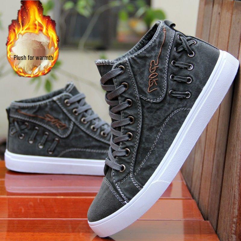 Men's Retro High-Top Canvas Shoes - Velvet-Lined, Warm, Casual, Trendy, Denim-Style for Autumn and Winter