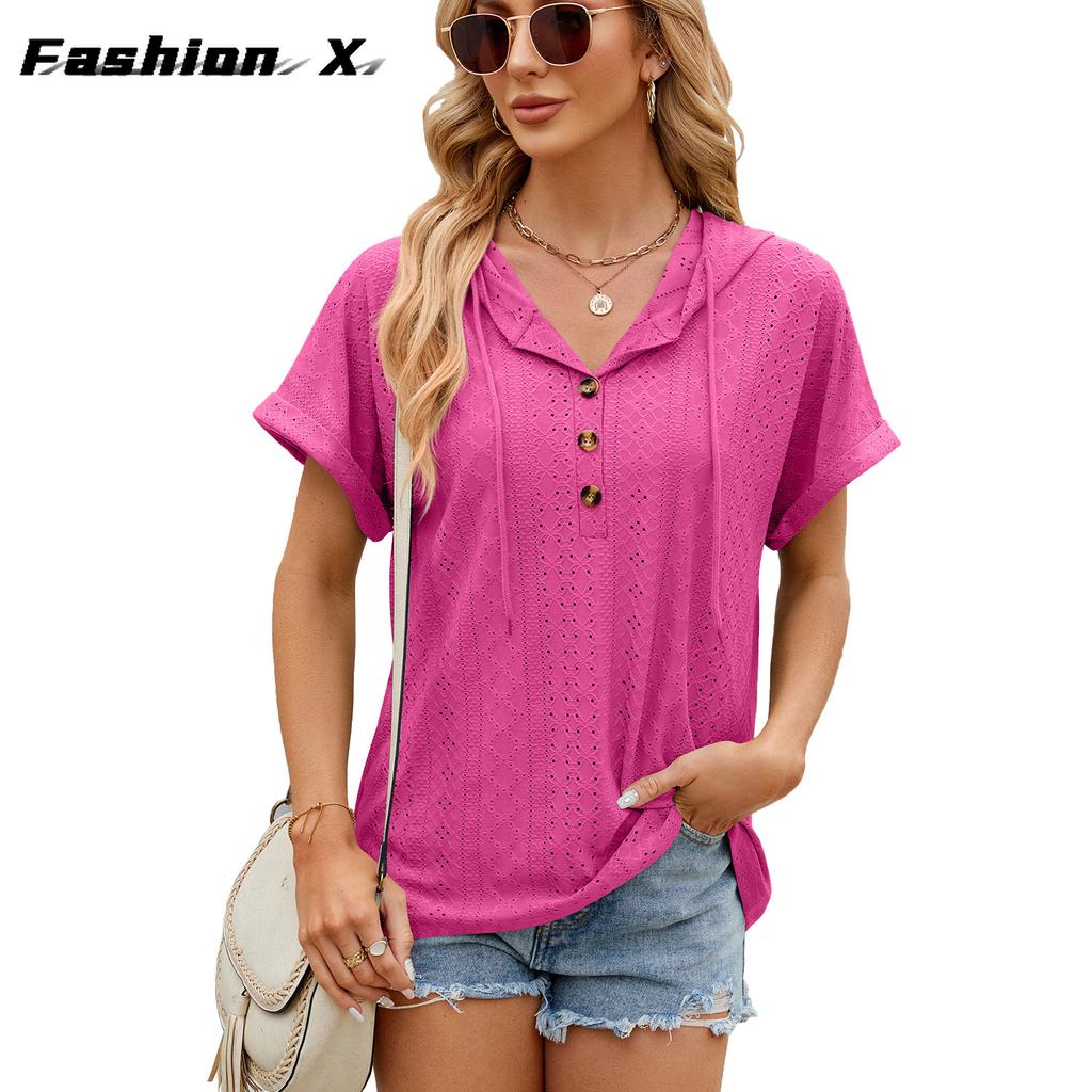 2024 весна и лето, новая однотонная свободная футболка с короткими рукавами и пуговицами, топ для женщин